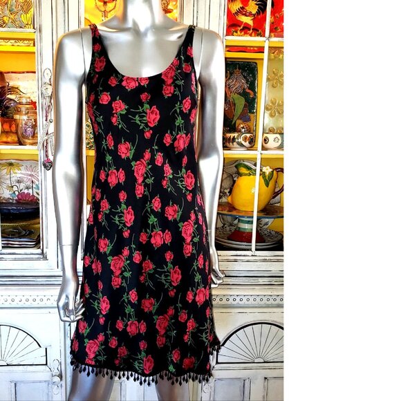 Vintage Betsey Johnson New York 90s Red Rose Floral Black Bead Silk Slip Dress S - Picture 2 of 11